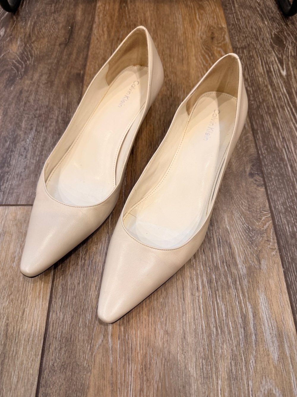 Calvin Klein Beige Pointed-Toe Leather Flats